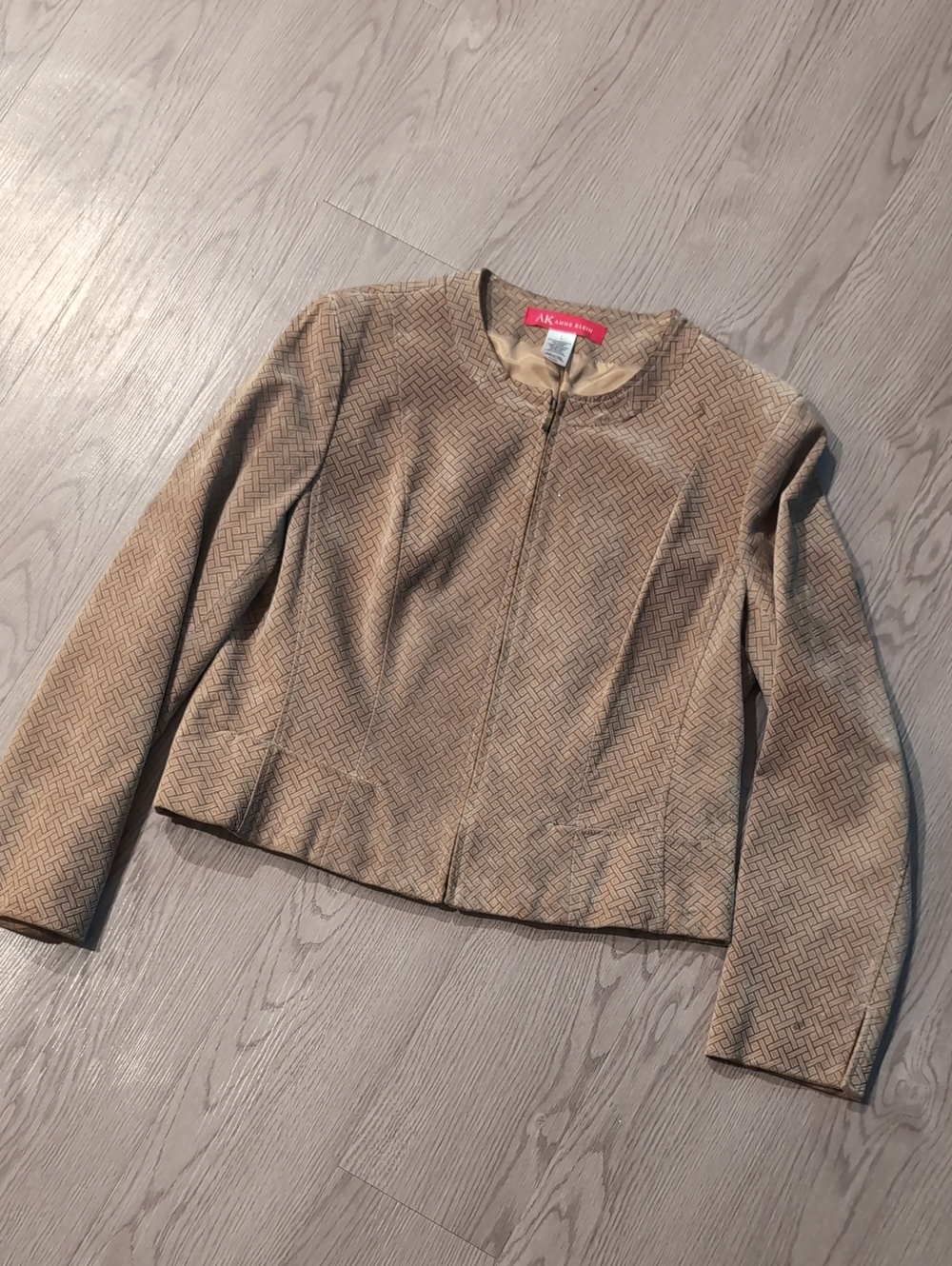 Anne Klein Leather Tan Patterned Collarless Zip Jacket